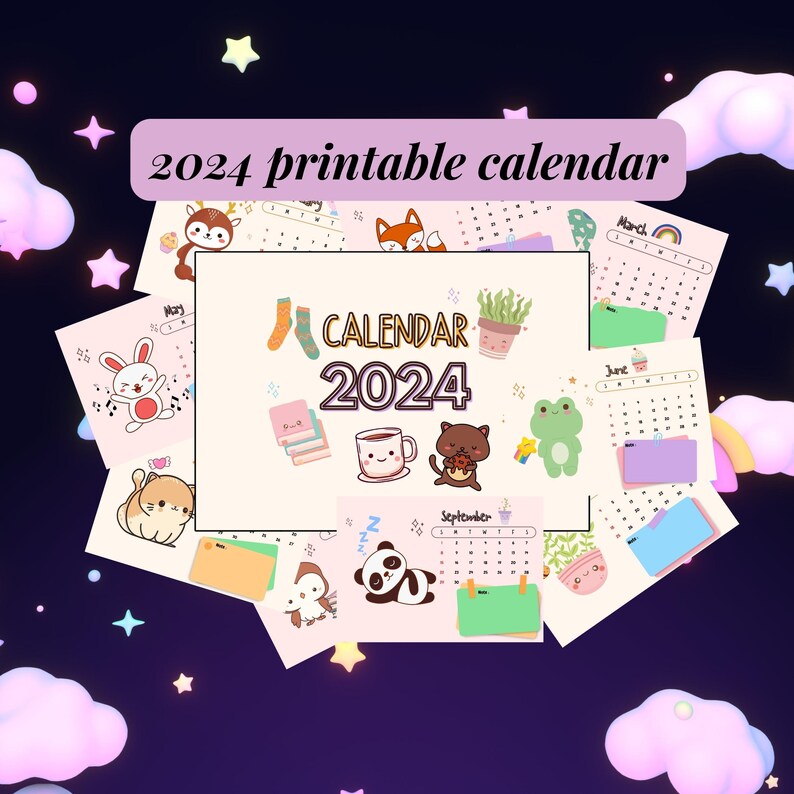 Printable Kawaii Calendar 2024, PDF Downloadable Pastel Cute Animals
