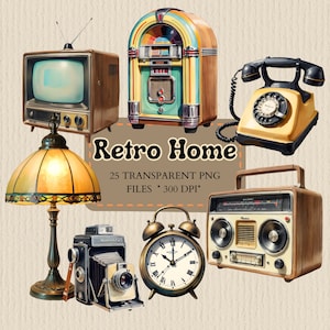 Retro Home Clipart Bundle: 1950s Furniture PNG Graphics (Digital Download)