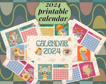 Groovy Printable Calendar Pages 2024, Digital Download Hippie Calendar 2024, PDF Download Retro DIY Calendar