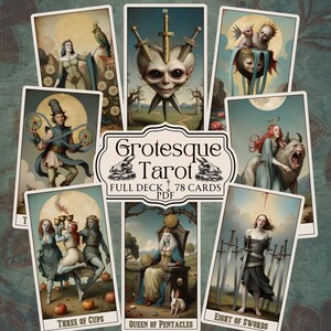 Jeu de tarots grotesque imprimable, PDF de tarot bizarre de 78 cartes, jeu complet d'oracle particulier téléchargeable, cartes de voyance déformées
