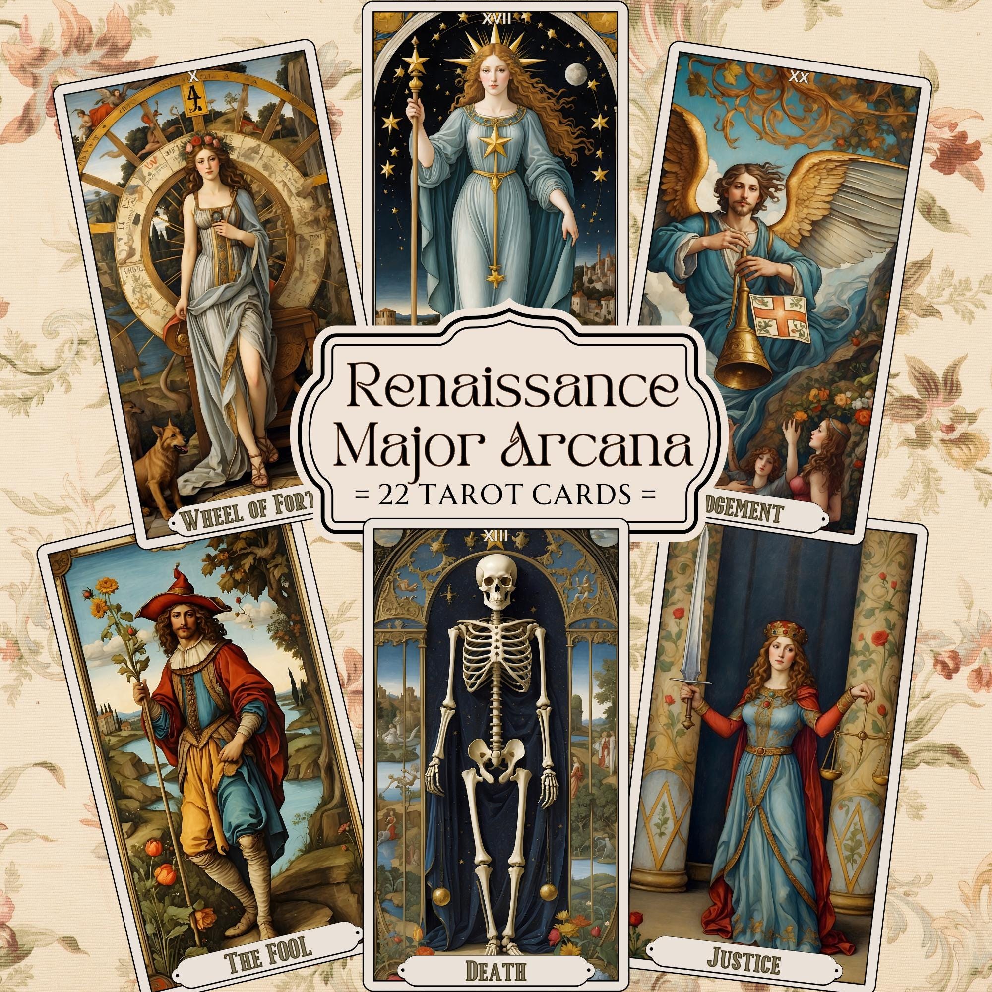 Printable Tarot Cards Renaissance Major Arcana Deck, 22 Cards Tarot Deck PDF, Illustrated Oracle Set, Fortune Telling Cards Digital Download