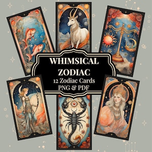 Cartas del zodíaco para imprimir, 12 signos del horóscopo, cartas del tarot del zodíaco antiguas, ilustraciones fantásticas del horóscopo, cartas astrológicas digitales