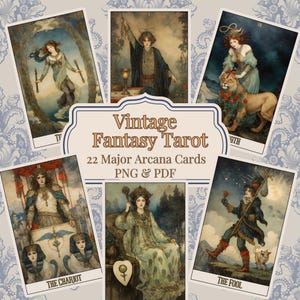Afdrukbare tarotkaarten Vintage Fantasy Major Arcana Deck, 22 kaarten Tarot Deck PDF, geïllustreerd sprookje Oracle-set, digitale download