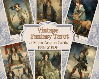 Printable Tarot Cards Vintage Fantasy Major Arcana Deck, 22 Cards Tarot Deck PDF, Illustrated Fairy Tale Oracle Set, Digital Download