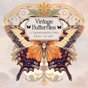 Clipart de borboletas vintage, clipart de ornamento de borboleta Art Nouveau, Junk Journal PNG, sublimação de borboleta colorida, uso comercial