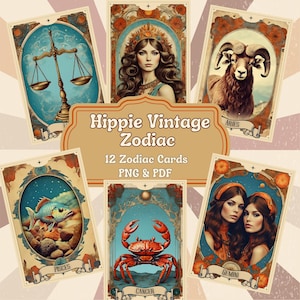 Cartas do Zodíaco Hippie dos anos 60 para imprimir, 12 signos do horóscopo, Tarô do Zodíaco descolado, Ilustrações de horóscopo retrô, Cartas de astrologia digital