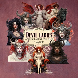 Duivel vrouwen clipart, donkere dames png, donkere vrouwelijke clip art bundel, demonen digitale dagboek stickers, transparante achtergrond, commercieel gebruik