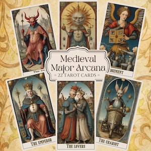 Tarot des arcanes majeurs grotesque médiéval imprimable 22 cartes, jeu de Tarot archaïque PDF, jeu d'oracle gothique, cartes de voyance numérique de l'âge des ténèbres