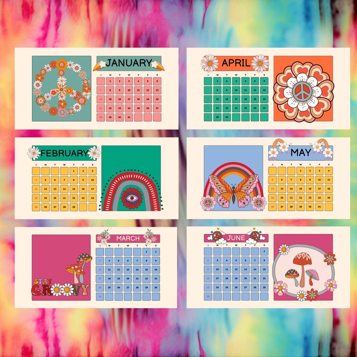 Printable Hippie Calendar 2024, PDF Downloadable Groovy Retro Calendar Pages, Digital Download