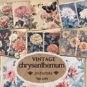 Pagine di diario con crisantemi, carta digitale botanica stampabile, carta per scrapbooking con fiori scuri, fogli per collage floreali vintage e suggestivi