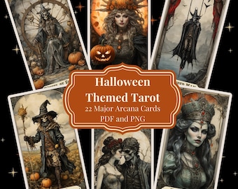 Printable Halloween Tarot Deck Major Arcana, 22 Tarot Cards PDF, Tarot Illustrations PNG, Oracle Set, Fortune Telling Cards Digital Download