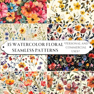 Watercolor Floral Seamless Patterns Bundle, Spring Wildflower Pattern, Summer Field Flowers Digital Paper, Repetitive Floral Patterns
