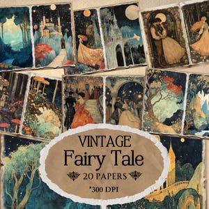 Vintage sprookjesafval dagboekpapier, fantasiebos plakboek, kastelen collage printables, kortstondige kaarten, scrapbooking papier ambacht