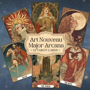 Cartes de tarot imprimables Art nouveau jeu des arcanes majeurs, jeu de tarot 22 cartes PDF, jeu Oracle illustré, téléchargement numérique