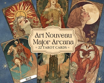 Printable Tarot Cards Art Nouveau Major Arcana Deck, 22 Cards Tarot Deck PDF, Illustrated Oracle Set, Digital Download
