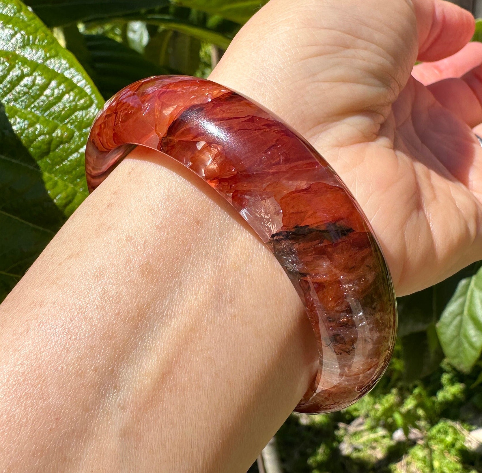 59.3mm Certified Natural Hematoid Quartz Crystal Bangle 红胶