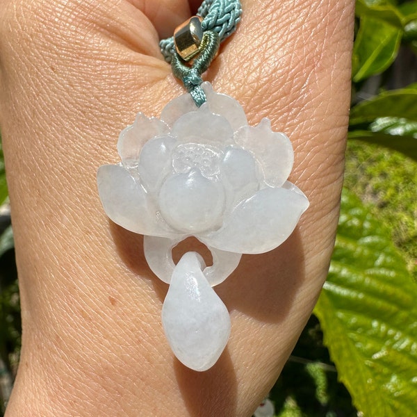 Certified Grade A Natural Burmese Icy Translucent Carved White Lotus Flower Jadeite Pendant Rope Necklace