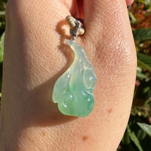 Certified Grade A Natural Burmese Handcrafted Icy Translucent Green Ruyi Jadeite Pendant Rope Necklace