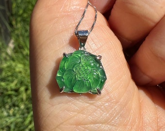 Grade A Natural Guatemalan Translucent Icy Green Lotus Flower Jadeite Pendant (S925 Silver)