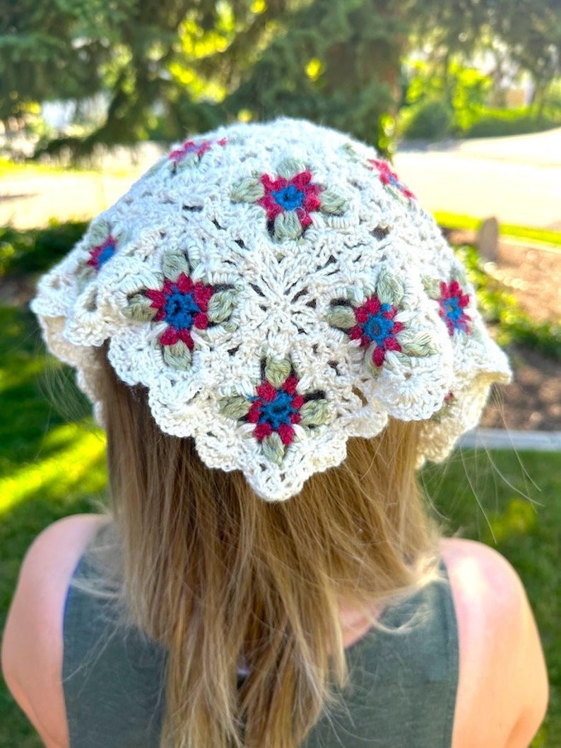 Granny Lace Floral Bandana crochet bandana pattern listing photo by CreativeCompulsionCo