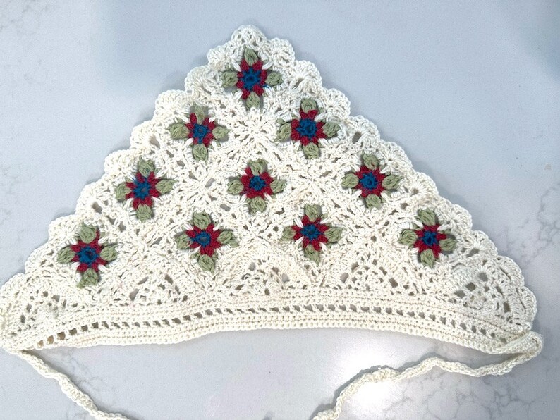 Granny Lace Floral Bandana crochet pattern listing photo by CreativeCompulsionCo