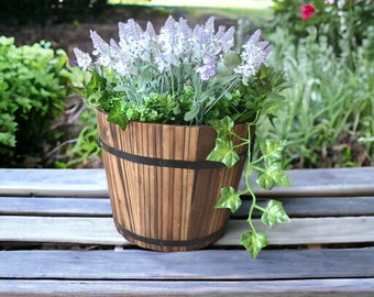 Round Wooden Barrel Flower Pots, Rustic Whisky Barrel Planters, Retro Wood Barrel Garden Planter, Wood Barrel Flower Pot, Gardening Gift