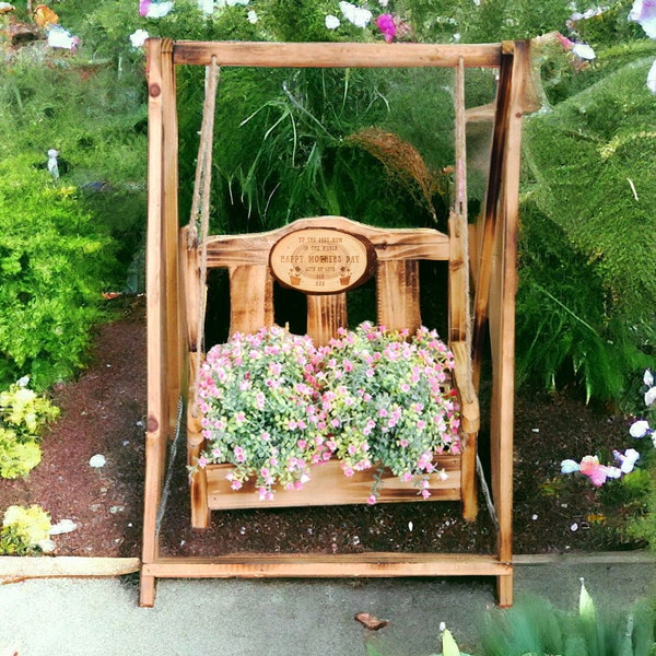 Jardinière de balançoire décorative personnalisée en bois, balançoire suspendue avec texte personnalisé, cadeau de décoration de jardin de pot de fleur de banc de balançoire en bois pour la fête des mères
