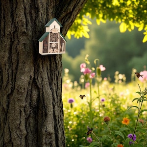 Aangepaste tekst houten bijenhotel, aangepast gedenkteken bijenhuis, uniek buitendecor voor vader, aangepaste tuincadeau voor kerst, insectenhotelcadeau