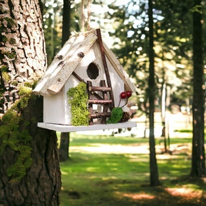 Log Cabin White Wood Bird House, Garden Gifts For Dad, Outdoor Decor For Dad, Natural Wood Bird House Garden Decor, Christmas Garden Gifts
