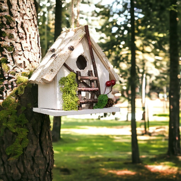 Log Cabin Style White Wood Bird House, Bird Lovers Gifts, Natural Wood Bird House Garden Decor, Garden Lovers Gift, Valentines Gift For Her