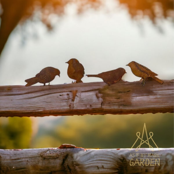 Décoration de jardin oiseaux rouillés, ensemble de 4 oiseaux en métal rouillé, ornement de clôture de jardin, silhouettes d'oiseaux en métal, décoration de jardin, cadeau de jardinage