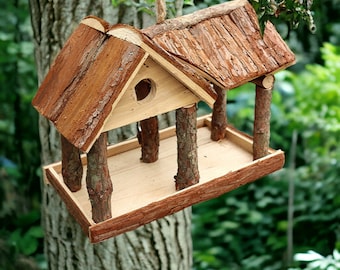 Mangeoire à écureuils style cabane en rondins, cadeau pour les amateurs d'écureuils, mangeoire à écureuils en bois, décoration de jardin, cadeau amateurs de jardin pour maman