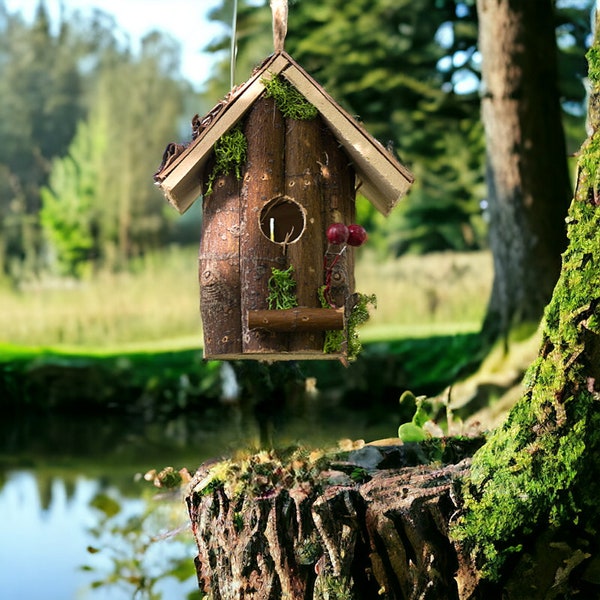 Log Cabin Style Natural Bark Bird House, Bird Lovers Gift, Wooden Bird House Garden Decor, Garden Bird Lovers Gift, Valentines Gift For Her