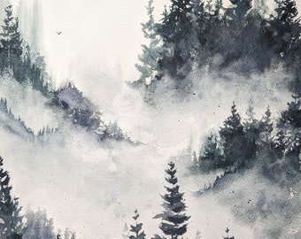 Aquarelle originale - Sapins - Artiste Léa Bruel