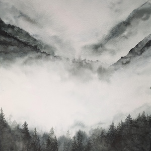 Originele aquarel - Aquarel - Sparrenbomen - Kunstenaar Léa Bruel