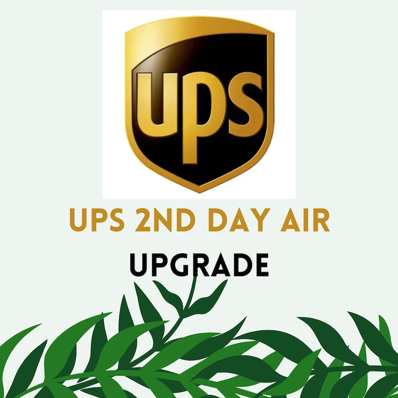 May include: The UPS logo, a gold shield with the letters "ups" in gold, is displayed against a white background. Below the logo, the text "UPS 2ND DAY AIR UPGRADE" is written in gold and black. Green leaves are at the bottom.