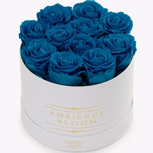Indigo Preserved Roses: Oud Scented Parisian Hatbox Arrangement