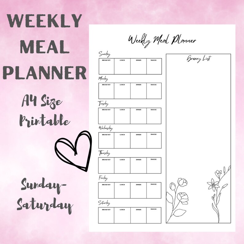 Portrait A4 Weekly Meal Planner With Grocery List Printable - Etsy