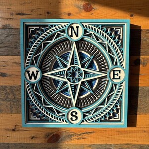 Op de afbeelding: Een gelaagde houten kompasroos in tinten blauw, wit en zwart. Het kompas wijst naar het noorden, zuiden, oosten en westen, met de letters N, Z, O en W. Het kunstwerk is vierkant en heeft een lichtblauw frame.