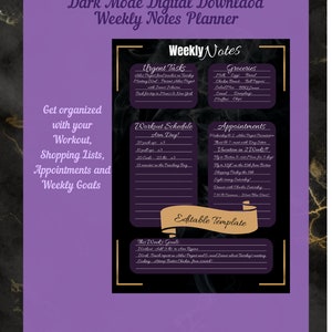 Puede incluir: Un planificador semanal digital en modo oscuro con fondo morado y detalles dorados. El planificador incluye secciones para tareas urgentes, comestibles, programa de entrenamiento, citas y objetivos semanales. El texto "Weekly Notes" está en la parte superior del planificador.