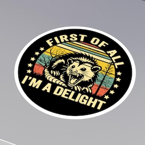 First of All, I&#39;m a Delight/ Cute and Durable Decal for Laptops, Water Bottles, & More/Fierce Possum Vinyl Sticker, Funny Sticker
