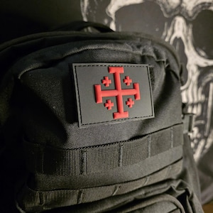 Red and Black Jerusalem Cross Patch, PVC Patch, Tactical Morale Patch, Hook & Loop backing, Christian Cross Gear, Backpack Hat Plate Carrier