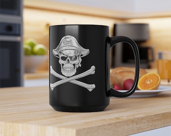 Caneca de café pirata, caveira e ossos, caneca pirata, caneca Jolly Roger, caneca com bandeira pirata, caneca de vela, caneca preta bacana da Ilha do Tesouro (11 oz, 15 oz)