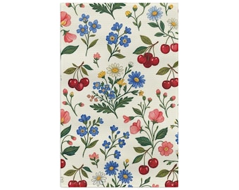 Pano de prato de microfibra com estampa de cerejas e flores | Pano de cozinha floral