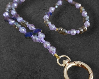 Sleutelkoord met paars kristalkralen, handgemaakte ID-badgehouder, gouden ketting met sluiting