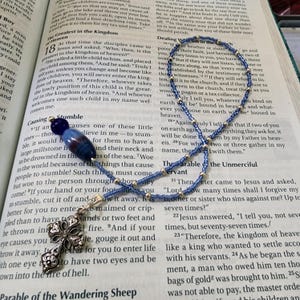 Handmade Blue and Silver Beaded Bookmark with Silver Cross Charm and Glass Bead Accent