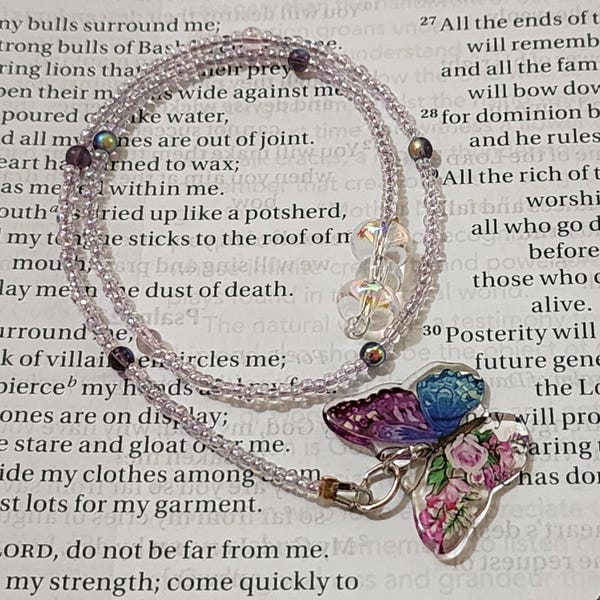 Beaded Bookmark – Pale Purple Seed Beads with Iridescent Accents & Colorful Butterfly Charm