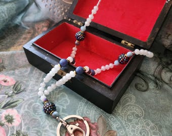 Handmade Beaded Lanyard | Blue, White & Gold ID Badge Holder
