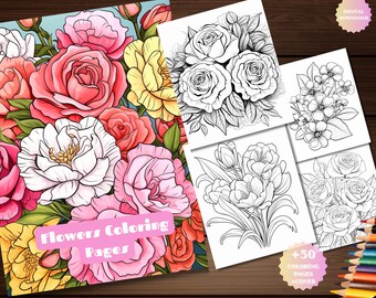 50 ページ以上の花の塗り絵 | 花の塗り絵ページ (印刷可能 PDF) | 大人と子供の塗り絵 | すぐにダウンロード | 印刷可能な花