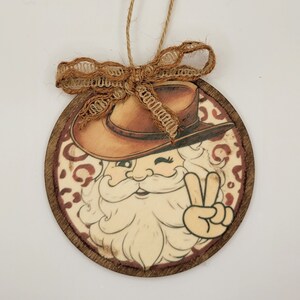 Wooden Cowboy Rustic Peace Sign Santa Christmas Ornament Holiday Decor Christmas Tree Ornament Handmade Gift
